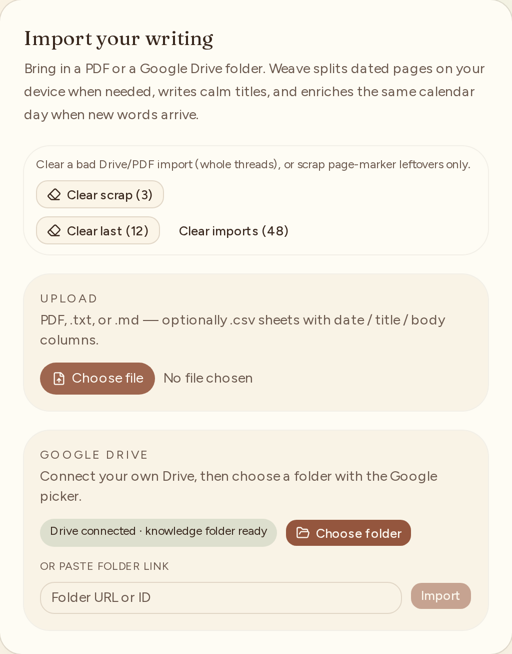 Import modal with Choose file, Drive, Clear scrap, and Choose folder