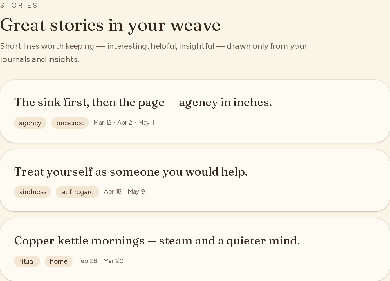 Stories page with one-liner list