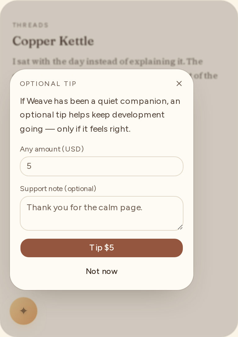 Tip coin FAB with optional tip and support modal open